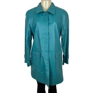Newport News Blue Teal Leather Flowered Inner Lining Easy Style Coat Sz LP - New